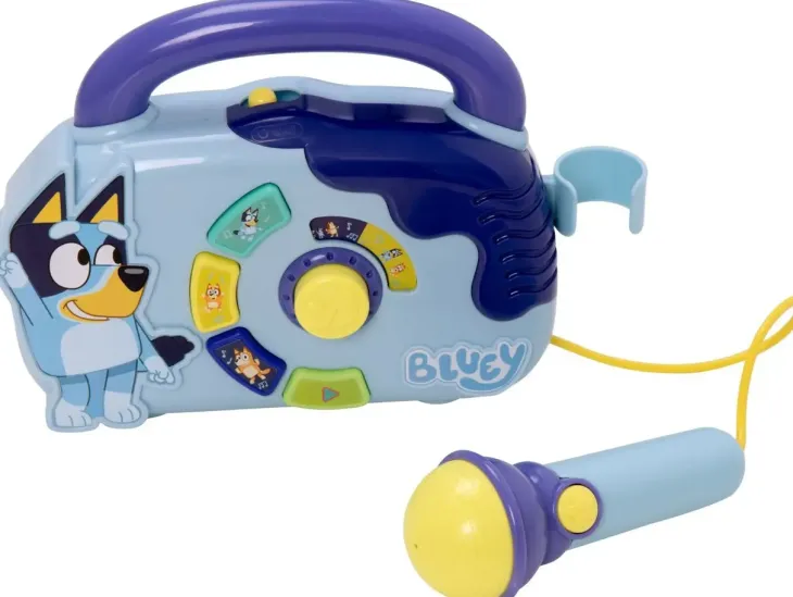Bluey boombox mikrofonilla, valoilla ja