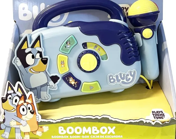 Bluey boombox mikrofonilla, valoilla ja